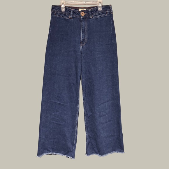 Maeve Denim - Maeve Anthropologie High Rise Wide Leg Jeans Dark Wash Raw Hem Size 29